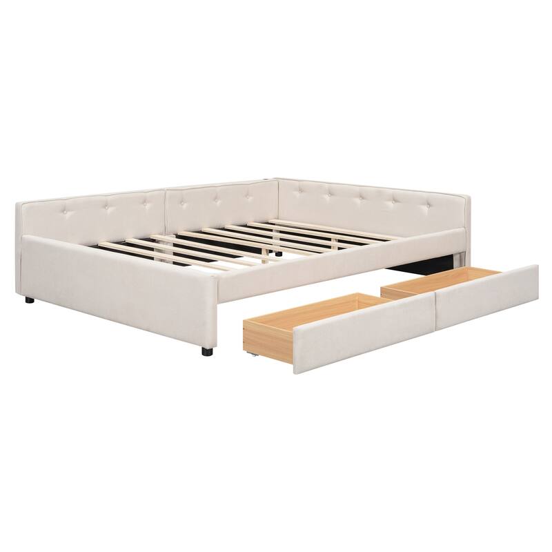 Beige Upholstered Daybed Platform Bed with 2 Storage Drawers Underbed, USB Charging, Linen Fabric, Wood Slat Daybed Frame