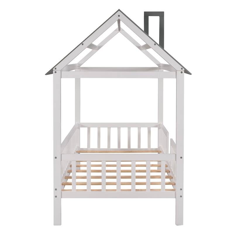 Wooden House Bed Frame Twin Size Platform Bed with Roof and Fence