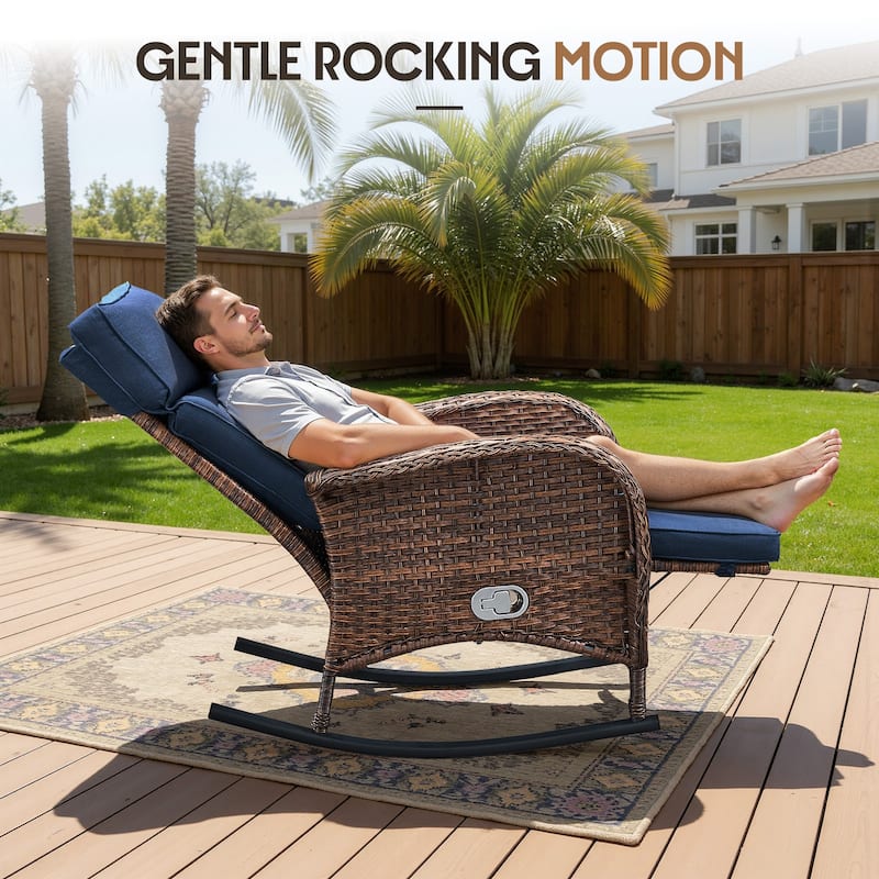 Meyreso Wicker Rocking Reclining Chaise Lounge with Adjustable Backrest & Footrest (2-Pack)