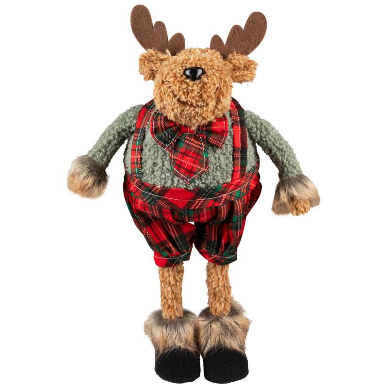 Standing Moose in Plaid Overall Shorts Christmas Figure - 12.5" - Brown and Red