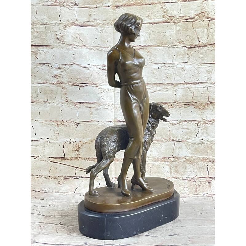 Art Deco Girl With Dog Bronze Statue Sculpture Figure Lorenzl 14 Inches X 8 Inches
