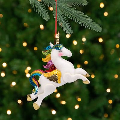 6.5" Plush Leaping Rainbow Unicorn Christmas Ornament