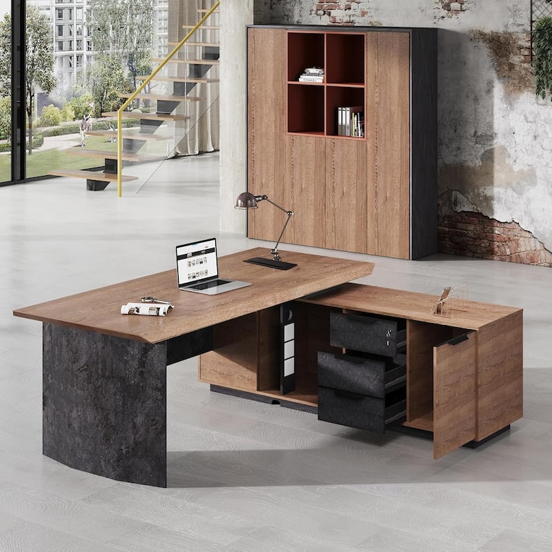 L Shaped Executive Desk Industrial Modern Office Desk w/Cabinets Sliding Socket USB Port