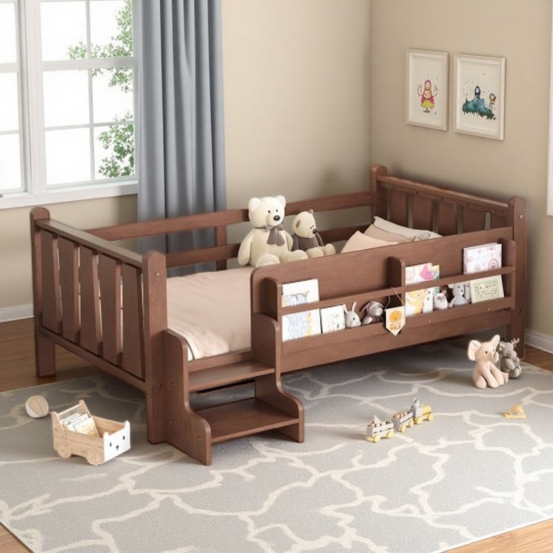 Solid Wood Kids Floor Bed with Built-In Bookcase Storage & Stair Access, Solid Wood Platform Bed Frame with Full Guardrails