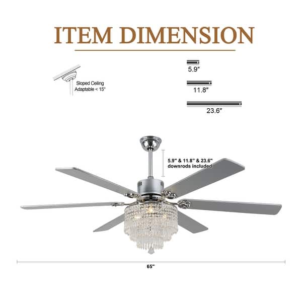 dimension image slide 1 of 2, Cusp Barn 65" Ceiling Fan with Light and Remote,Modern Gorgeous Crystal Light Fixture,Silent Reversible Motor Fan Light,6-Speeds