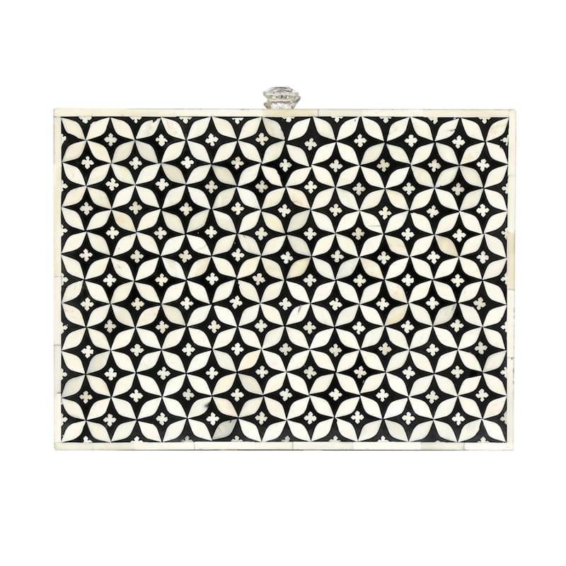 Roomfitters Bohemian Bedside Table, Solid Wood Nightstand with Bone Inlay Pattern and Crystal Knobs, Black + Dark Walnut