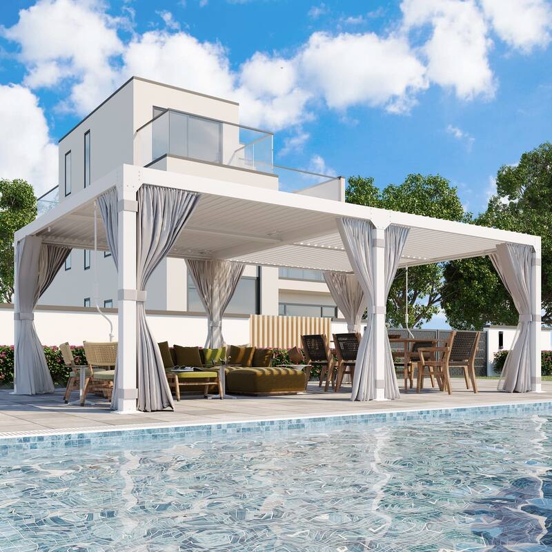 Outdoor Louvered Pergola, Outdoor Patio Hardtop Gazebo, Adjustable Metal Roof Curtains and Netting Included - 12' x 20' - White