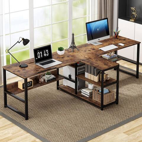 94 inches Two Person Desk with Storage Shelves, Double Computer Desk with Tiltable Tabletop and Bookshelf