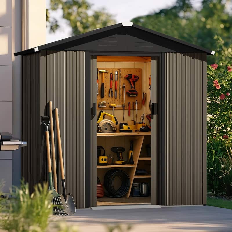 Metal Outdoor Garden Shed Storage Tool Shed with Sliding Doors - 6 x 4 FT-Brown