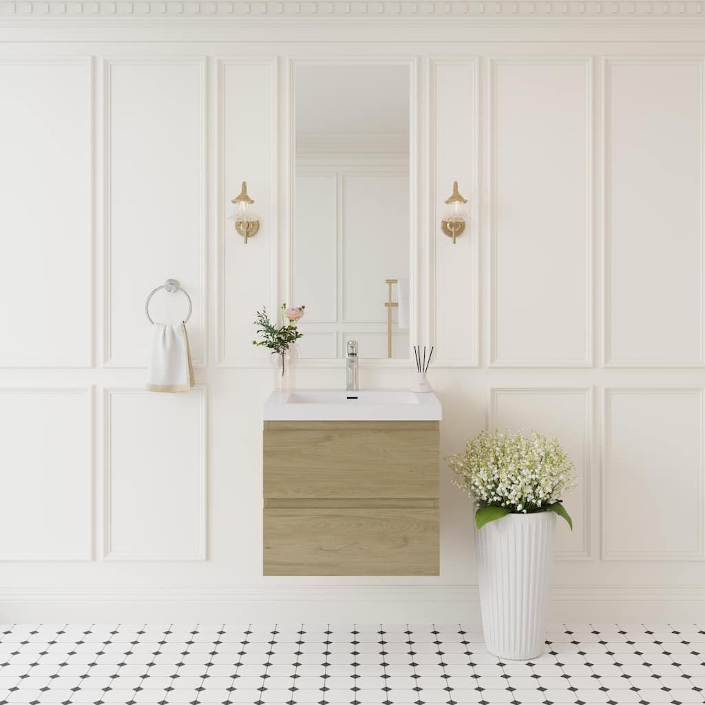 24" Floating Bathroom Vanity with Sink, Wall-Mounted Storage Cabinet with Solid Surface Basin & Soft-Close Drawers