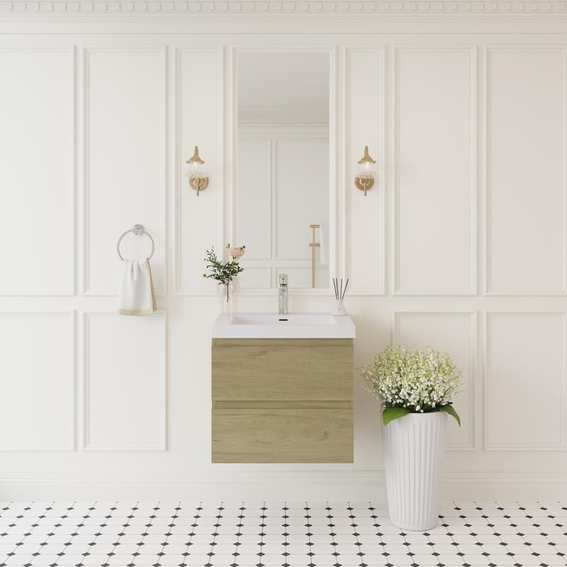 24" Floating Bathroom Vanity with Sink, Wall-Mounted Storage Cabinet with Solid Surface Basin & Soft-Close Drawers