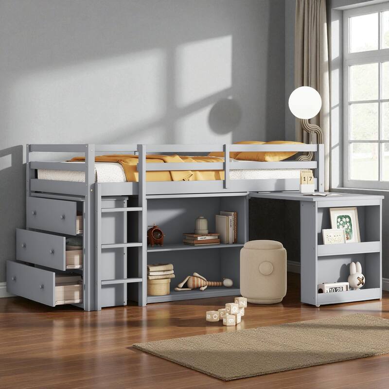 Twin Size Rubber Wood Loft Bed with Pull-Out Desk, Drawer Cabinet, and Shelf Storage, Safety Guardrails and Ladder