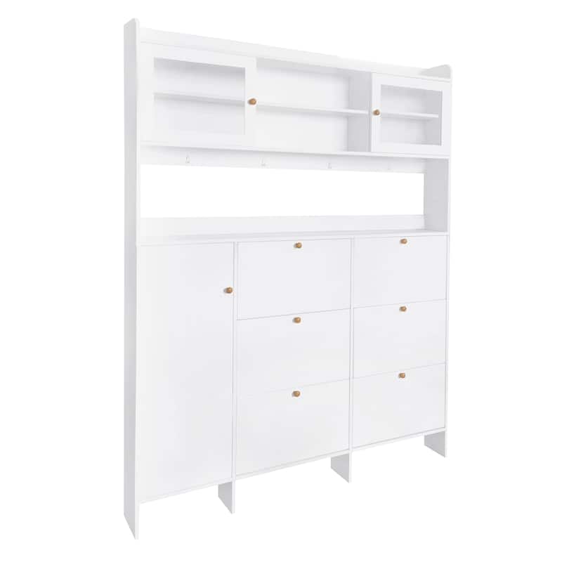 Roomfitters Multifunctional Tipping Bucket Shoe Cabinet with Storage Shelf, Large Hall Tree with 6 Flip Compartments