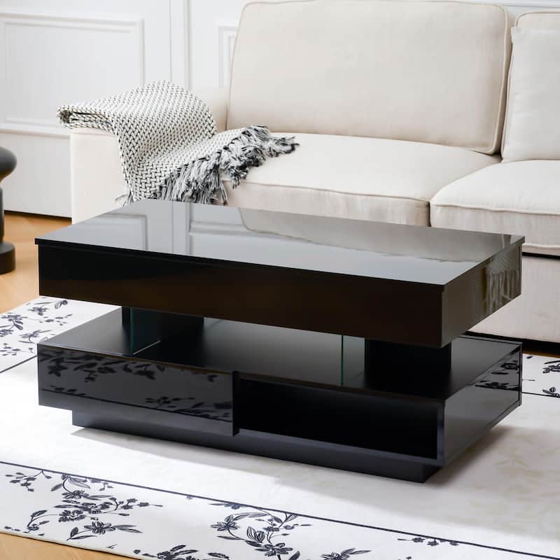 39.3" Lift Top Coffee Table with Hidden Compartment, 2 Storage Drawers and Adjustable LED Lights