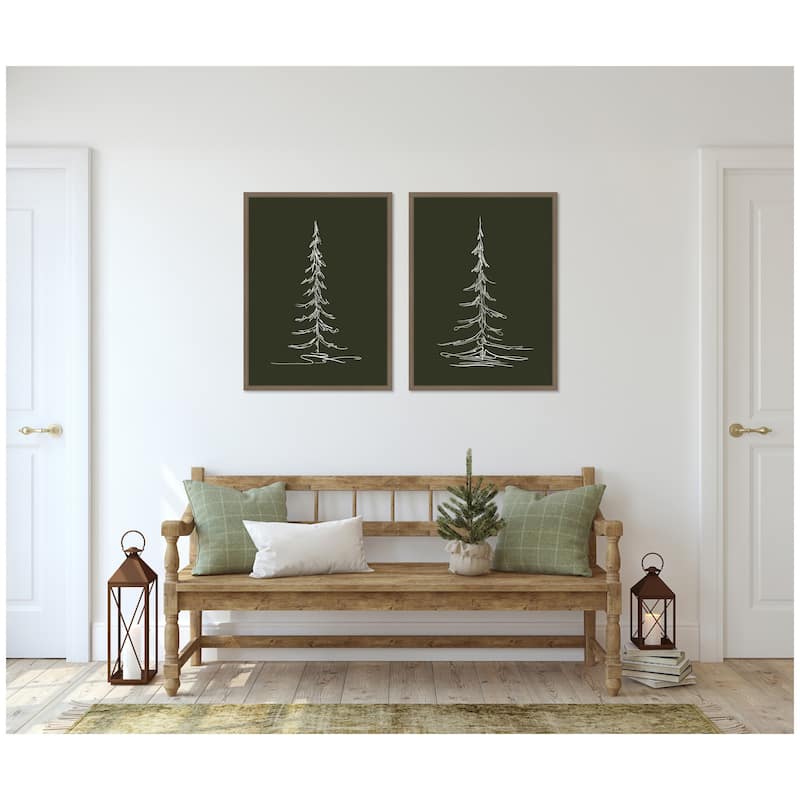 Kate and Laurel Sylvie Minimalist Evergreen Trees Sketch - 2 Piece Framed Canvas Art Set by The Creative Bunch Studio