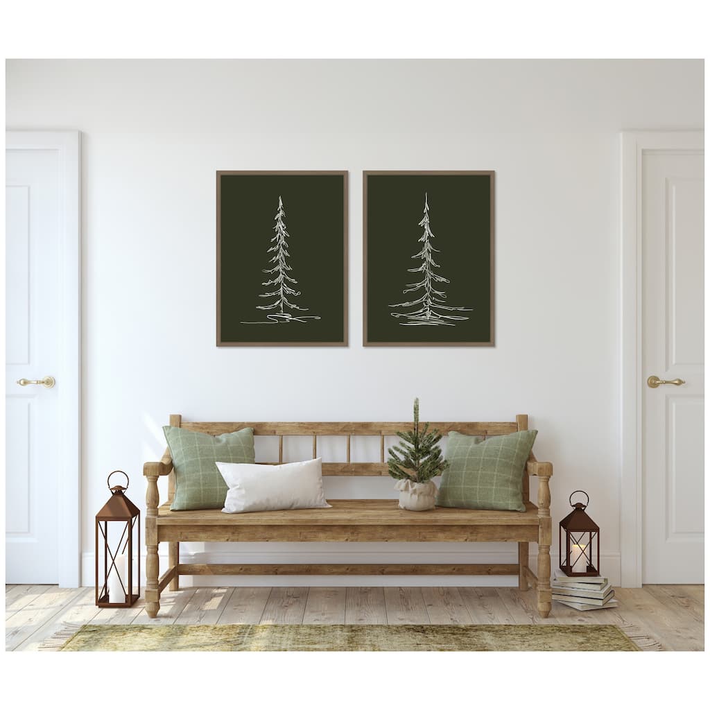 Kate and Laurel Sylvie Minimalist Evergreen Trees Sketch - 2 Piece Framed Canvas Art Set by The Creative Bunch Studio