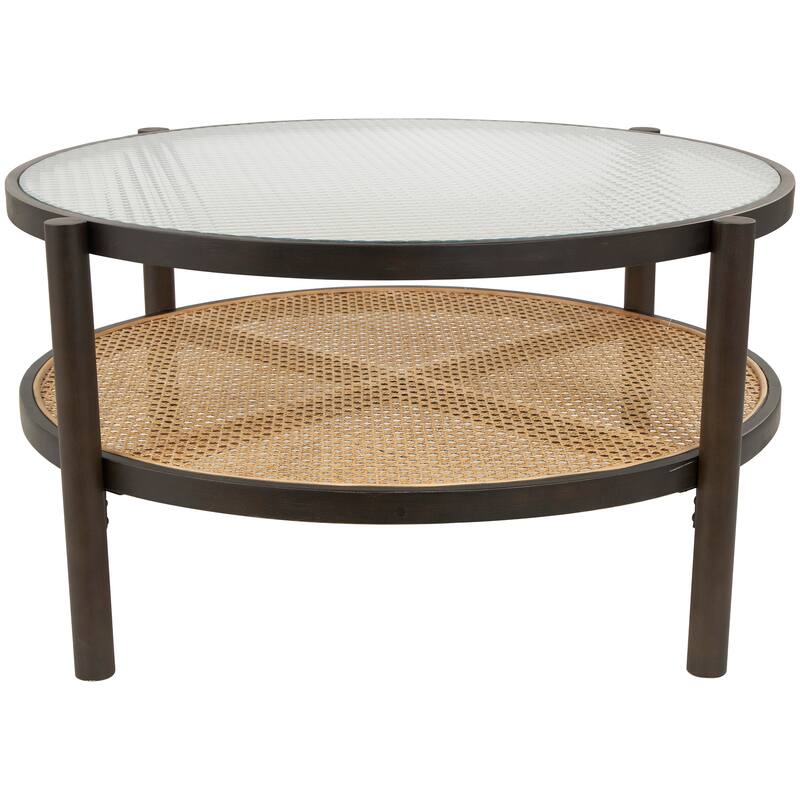 Brown Rattan Accent Table with Pressed Tempered Glass Top