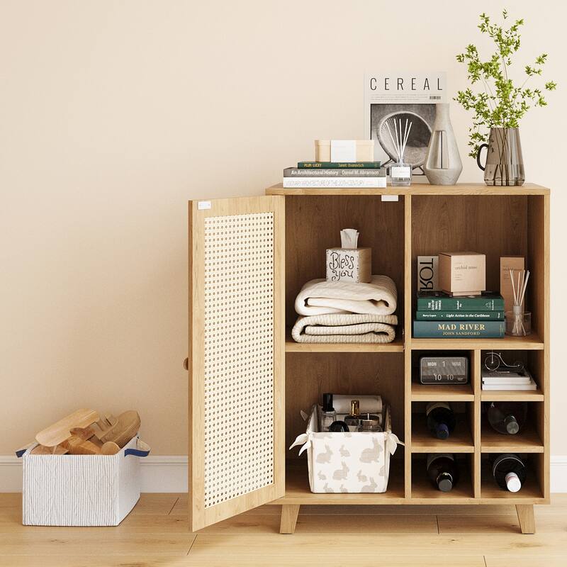 Rossetta 47'' Modern Rattan-Front Door Sideboard Cabinet with Open Shelves and Protective Foot Pads - Natural
