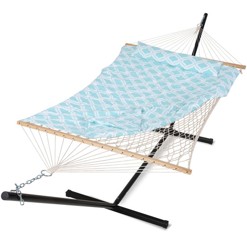 Double Hammock with Stand, Two Person Cotton Rope Hammock - 147.6(L)*52(W)*47.6(H) - Green Pattern