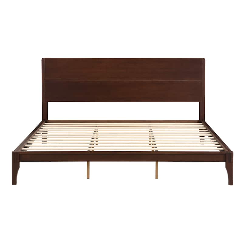 Bamboo Wood Platform Bed/Mid-Century Modern Bed Frame with Tall Headboard/Wood Slat Support/No Box Spring Needed/Easy Assembly