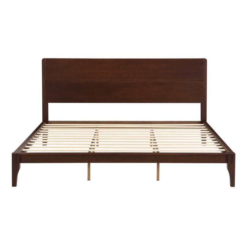 Classic Platform Bed Wood Wingback Bed Bamboo Panel Headboard Bed with Wood Slat Support, No Box Spring Needed