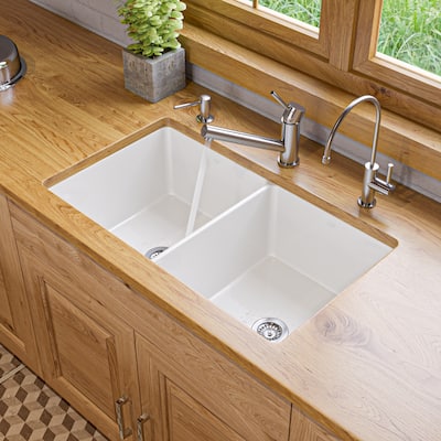 ALFI brand ABF3219DUD-W White 32" x 19" Double Bowl Fireclay Undermount / Drop In Fireclay Kitchen Sink