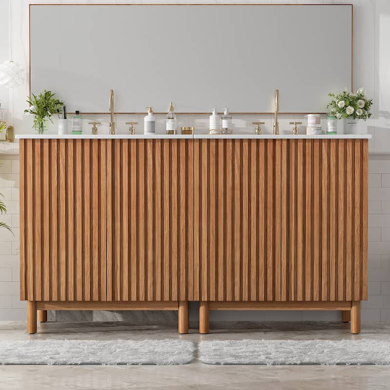 60.2'' Freestanding Bathroom Vanity in Wood with Integrated Ceramic Sink and Solid Wood Legs - 59.8'' x 18.3'' x 34'' - Wood Finish - 59.8'' x 18.3'' x 34'' - Wood
