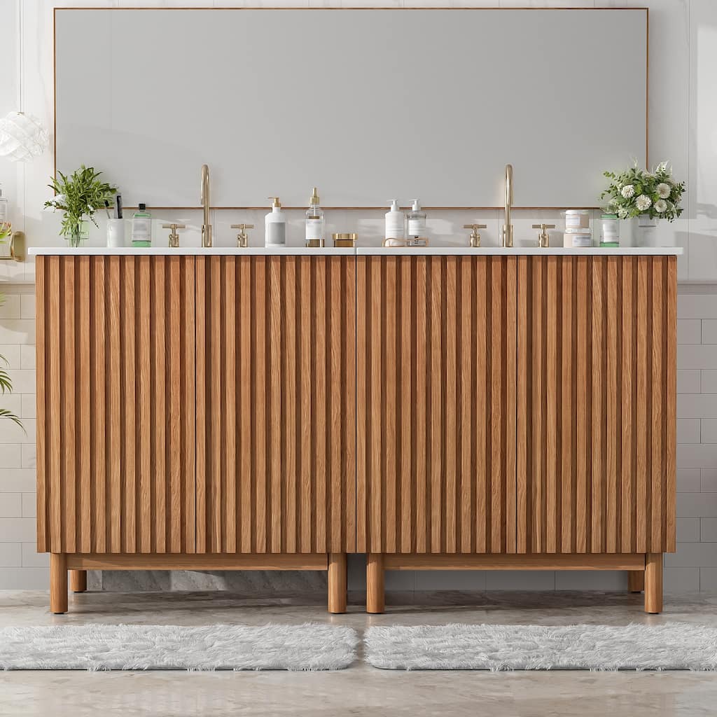 60.2'' Freestanding Bathroom Vanity in Wood with Integrated Ceramic Sink and Solid Wood Legs - 59.8'' x 18.3'' x 34''