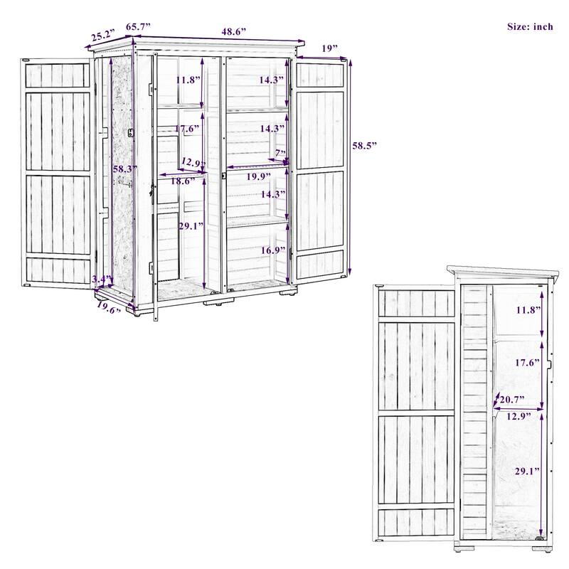 Outdoor 5.5ft Hx4.1ft L Wood Storage Shed, Garden Tool Cabinet with Waterproof Asphalt Roof, Four Lockable Doors