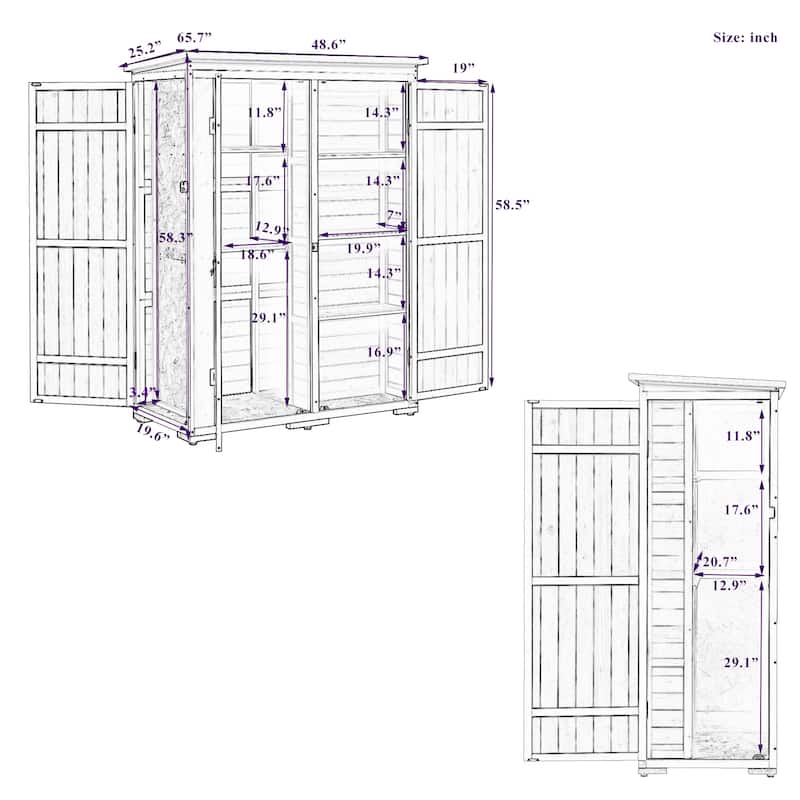 TOPMAX Outdoor 5.5ft Hx4.1ft L Wood Storage Shed Waterproof Asphalt Roof, Four Lockable Doors