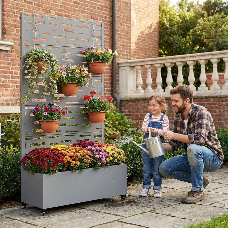 Raised Garden Bed Planter with Trellis Movable Planter Box with Lockable Wheels