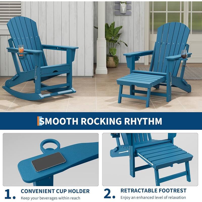 Folding Rocking Adirondack Chair with Retractable Ottoman and Cup Holder