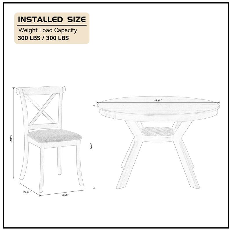 5 Pieces Set Mid-century Modern 47 in Round Rubber Wood Dining Table with Pedestal Base for 4-6 People