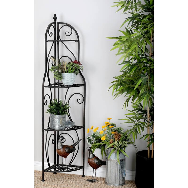 Metal Scroll Indoor Outdoor Arched Tall Folding Corner 4 Shelf Bakers Rack - Black - Roche River Decor