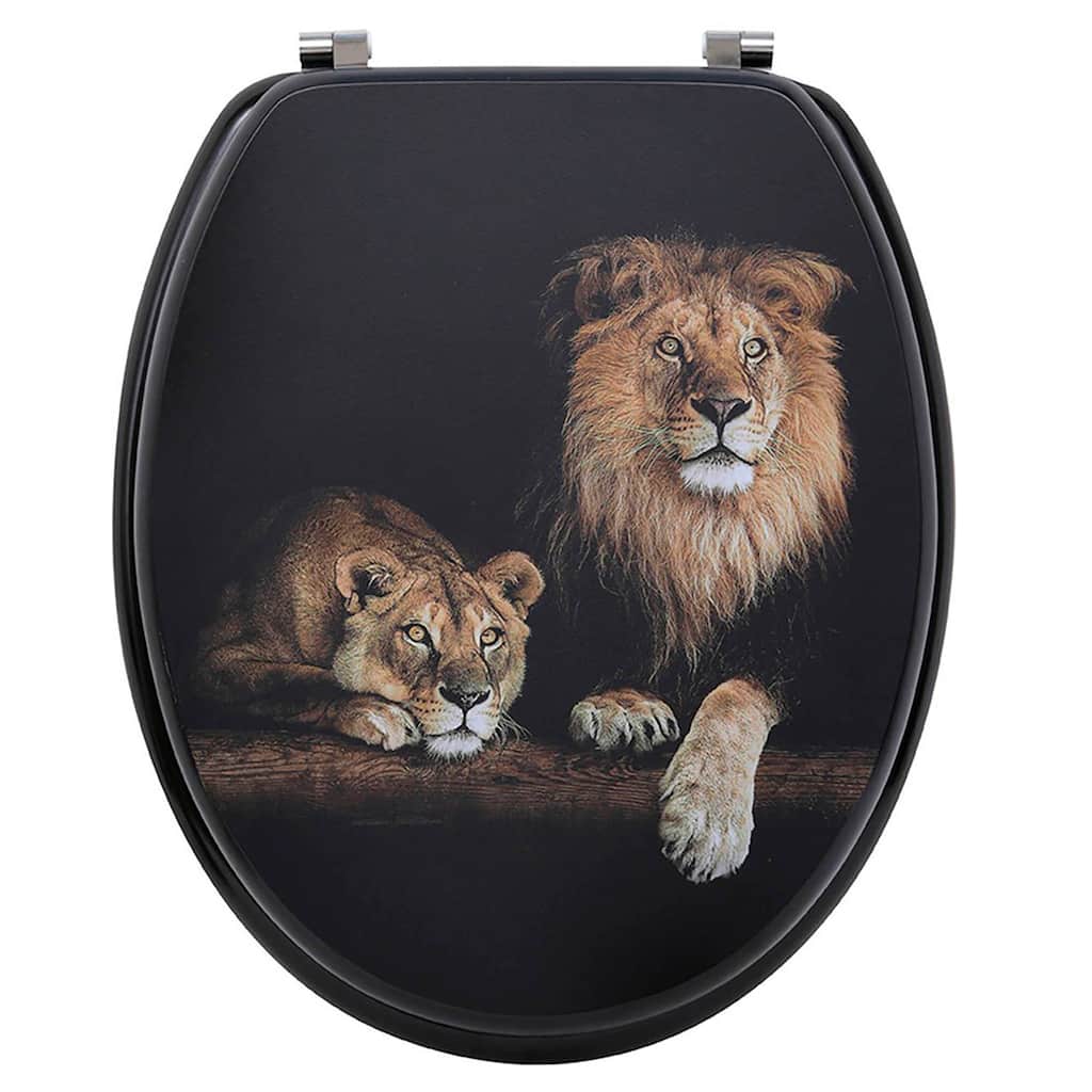 18-Inch Black Elongated Toilet Seat With Lion And Lioness Print - 17.5 L x 14.7 W x 2 H