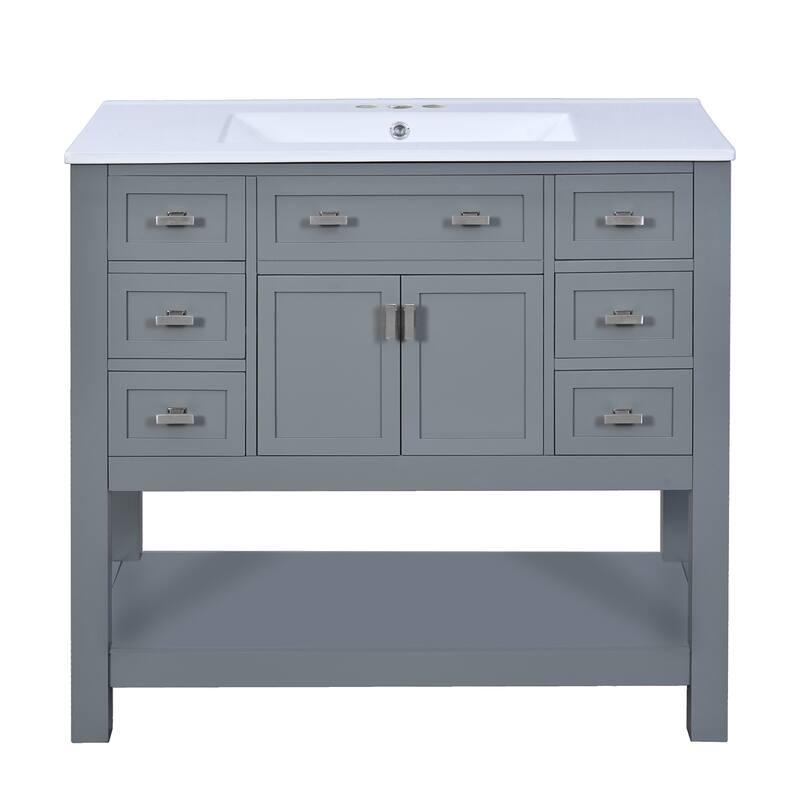 Bathroom Vanity with Sink, Freestanding Bathroom Storage Cabinet, Bathroom Vanities with 2 Doors, 6 Drawers & Open Shelf