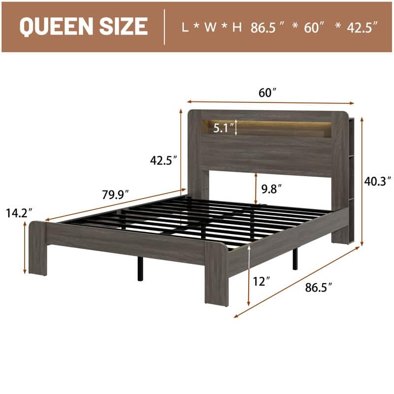 Full/ Queen/ King Size American Style Wood Bed Frame w/ LED Light, Platform Bed w/ Storage Headboard and Charging Station