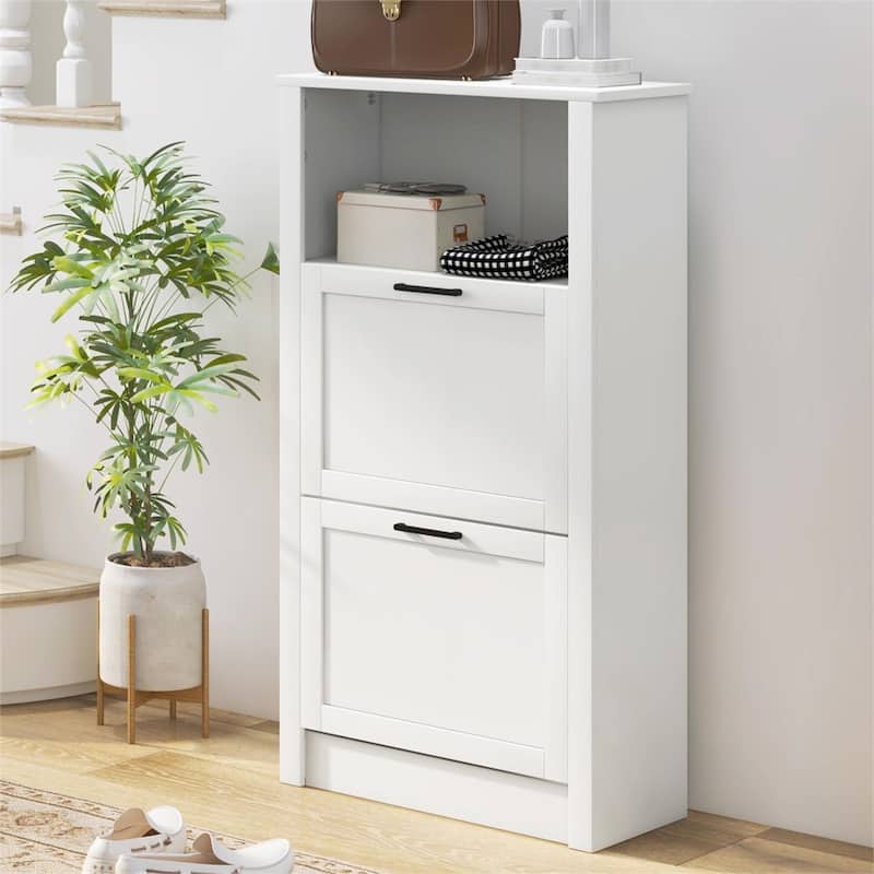 Wood Shoe Storage Cabinet with Compartment and Flip Drawers