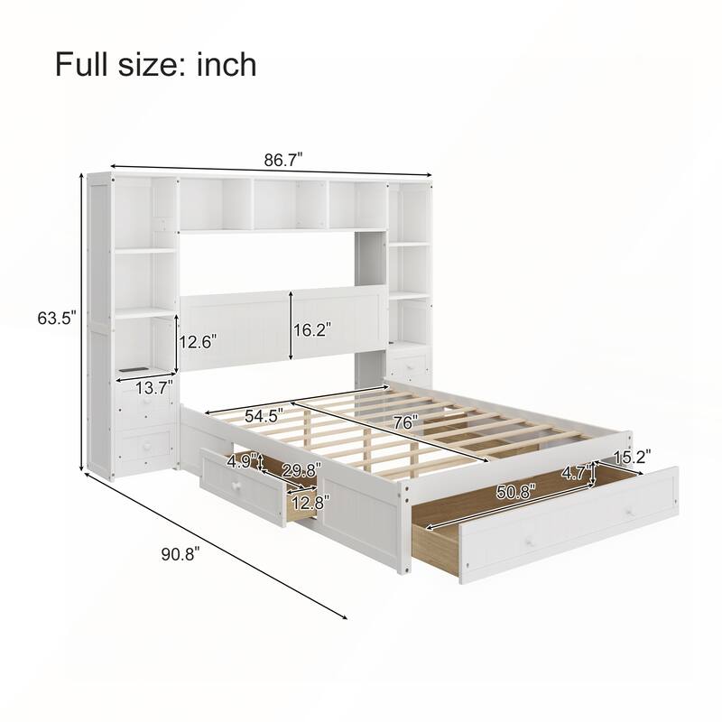 Pine Wood Platform Bed with All-In-One 2 Nightstand and 2 Charging Stations