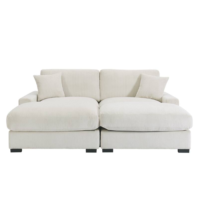 4 Seater Cream Corduroy Modular Sofa with 2 Ottomans and 2 Pillows