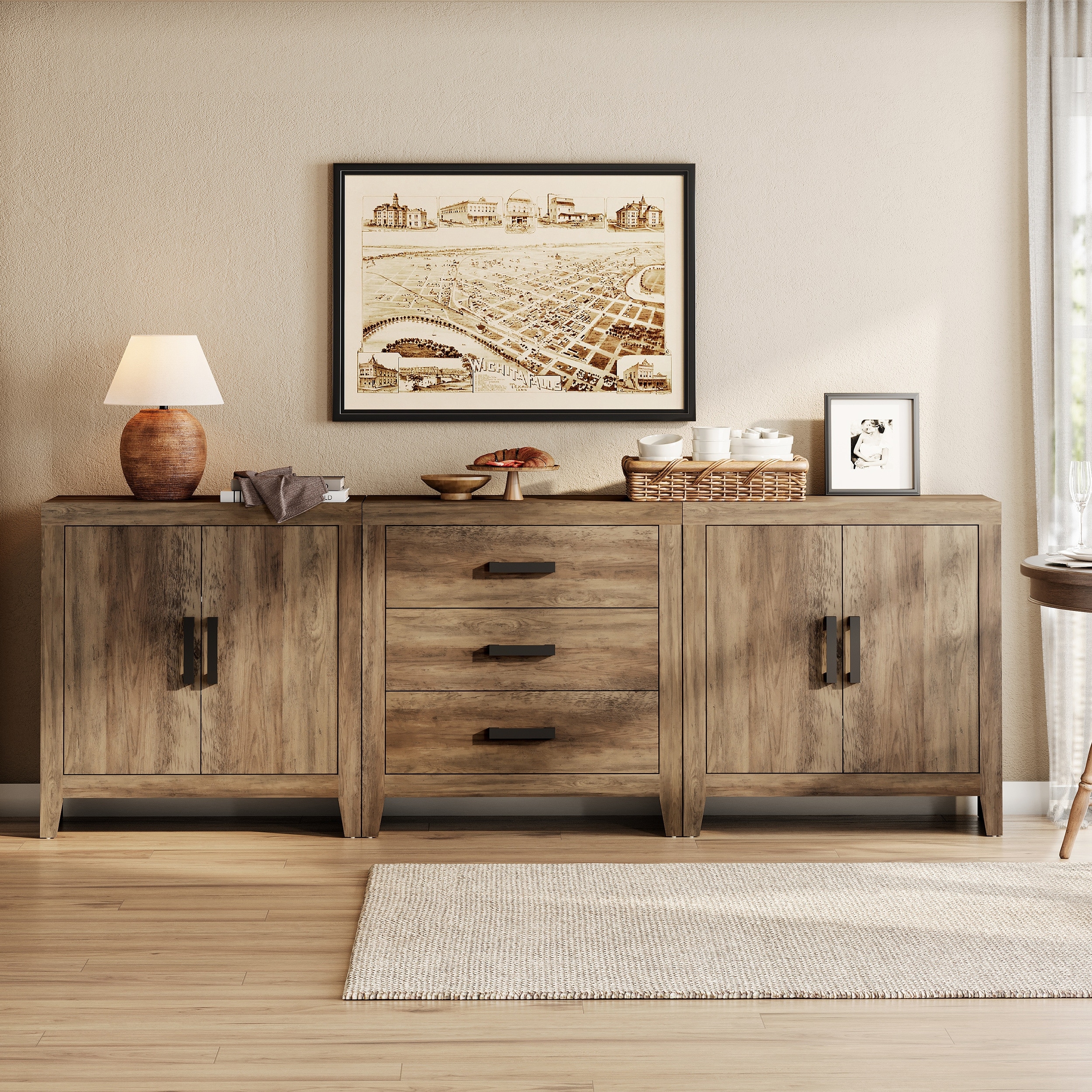 WAMPAT Buffet Cabinet with Drawers & Doors | Farmhouse Sideboard for Dining Room & Living Room