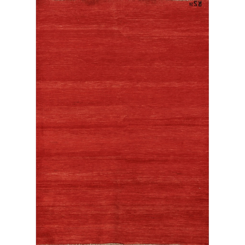 Gabbeh Modern Rug Hand-Knotted Stripe Red Wool Carpet - 4'0" x 5'9"