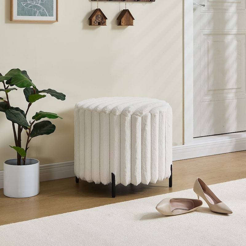 22.05"Wide Upholstered Round Pouf Ottoman Foot Rest with Black Metal Legs - Beige