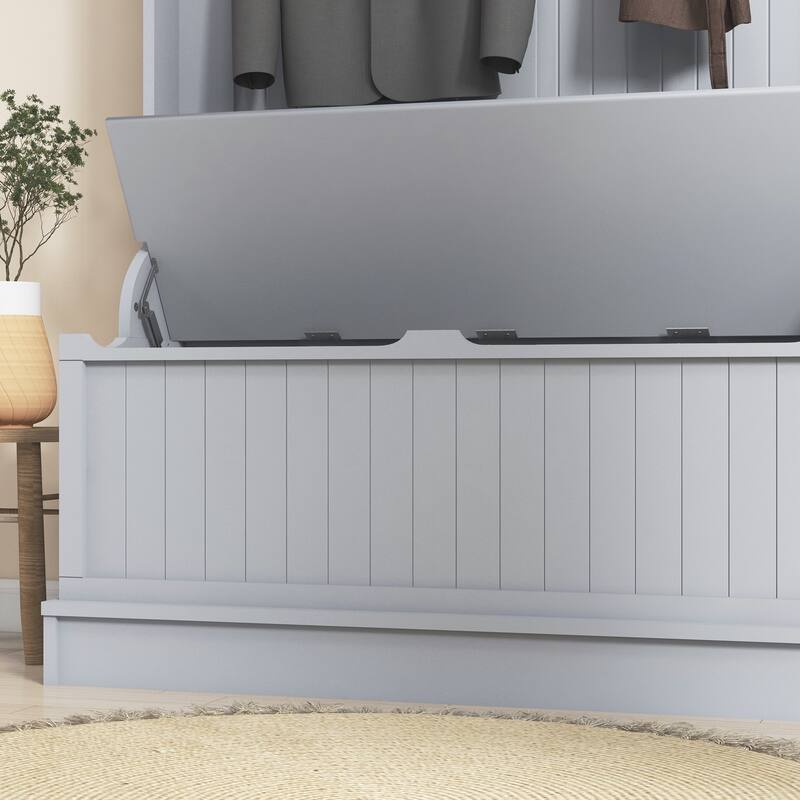 Grey MDF Entryway Shoe Bench with Steel Hooks and Storage Seat - 37.75" W x 13.5" D x 70.75" H