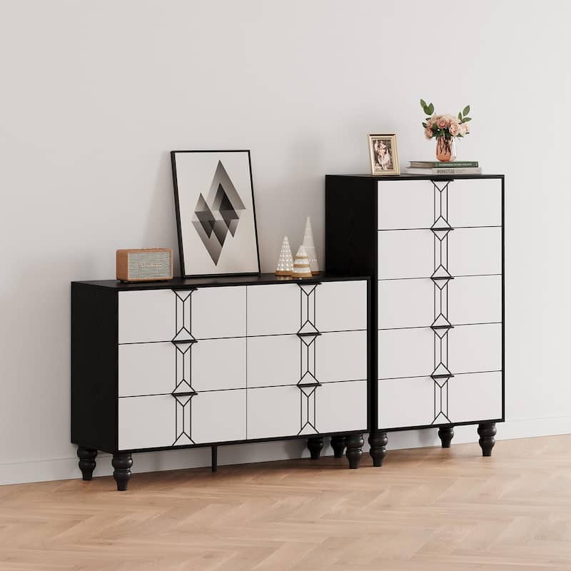 Modern Wooden 5/6 Drawer Dresser with Vintage Pattern Design