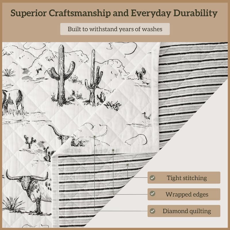 Paseo Road Ranch Life Western Cowboy White/Black 100% Cotton Rustic Toile Western Bedding 3 Piece Reversible Quilt Set