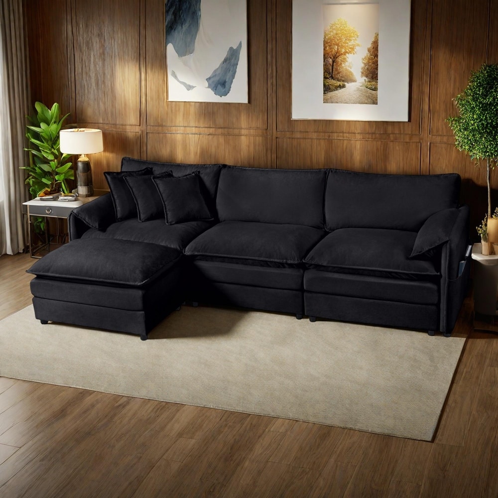 109.45" Chenille Upholstered L-Shaped Modular Sectional Sofa with Double-Layer Cushions, DIY Combination