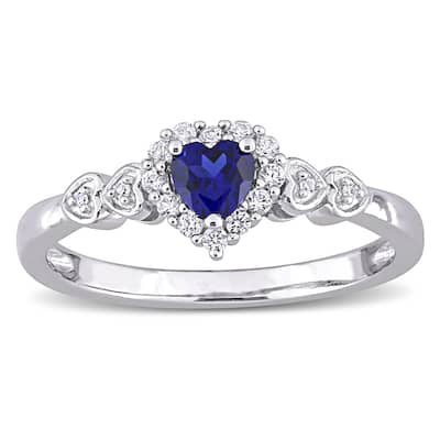 Miadora Sterling Silver Created Blue and White Sapphire Diamond Accent Heart Halo Ring
