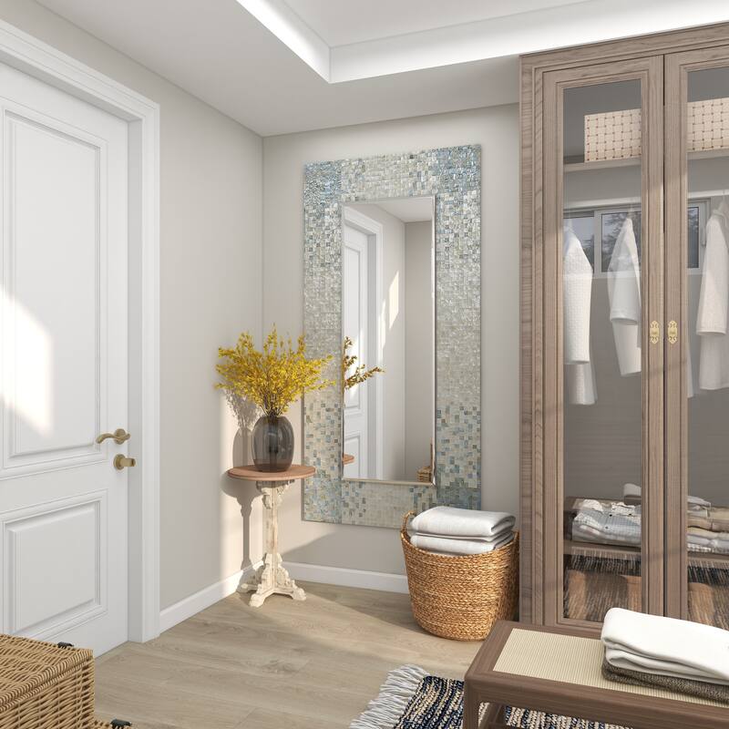 Cream Mother of Pearl Shell Handmade Mosaic Room Wall Mirror with Blue Corners