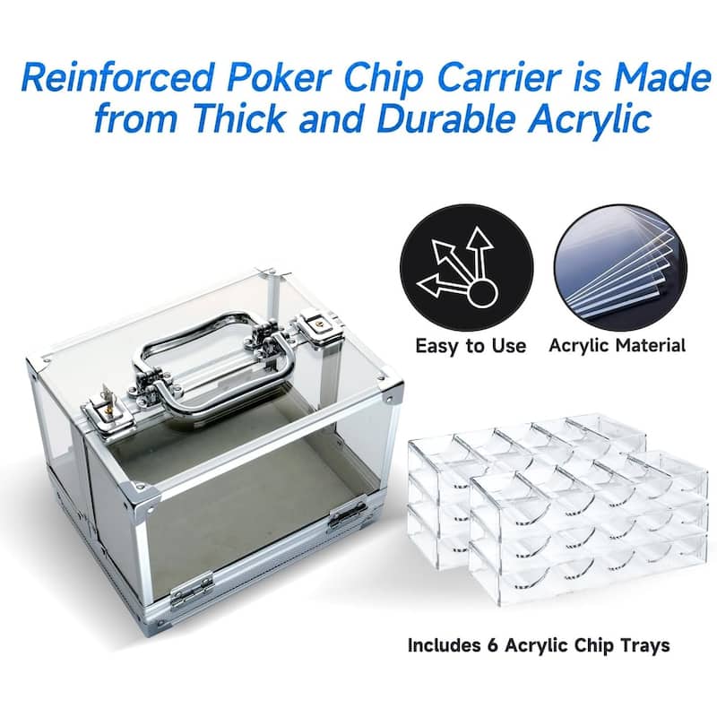 GSE™ 600pcs Aluminum Poker Chip Cases, 600ct Acrylic Poker Chips Carrier with 6 Poker Chip Trays - Clear